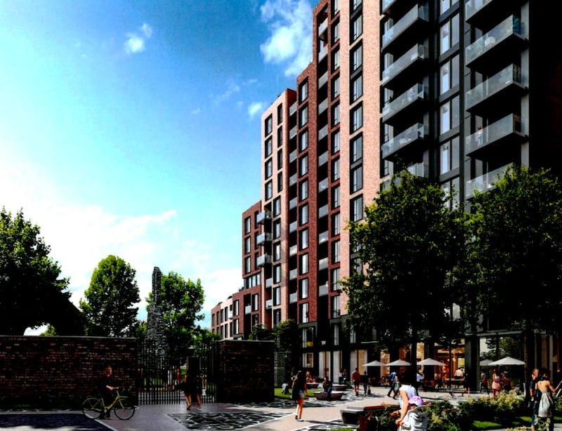 Camden Yard: an impression of a residential block of mainly studios and one-bed units in the new complex. Photomontage: Henry J Lyons Architects/Visual Lab