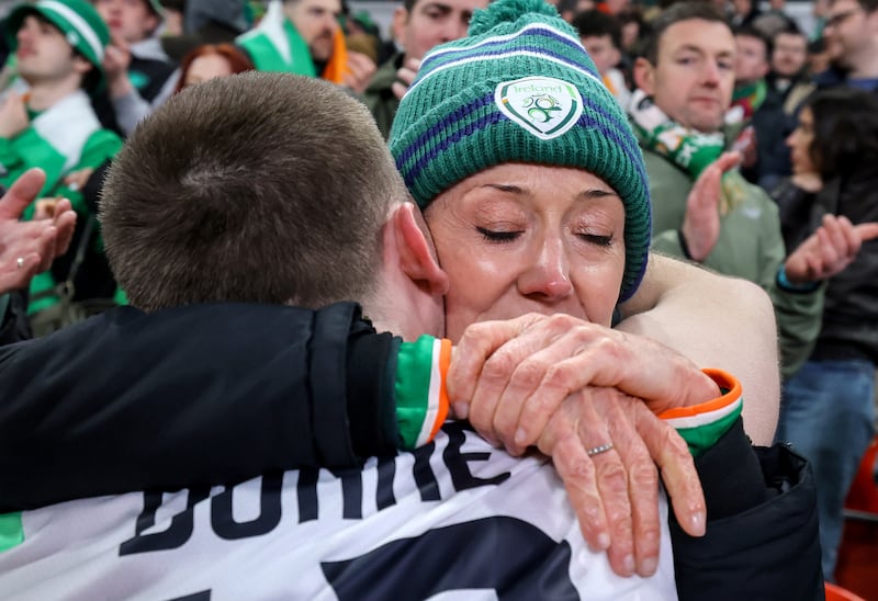 Ireland's Jimmy Dunne with his mother Sharon after the match in the Czech Republic. Photograph: Ben Brady/Inpho