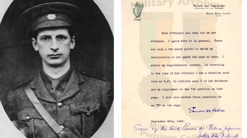 In a 1945 reference for his former secretary, de Valera (left) wrote: 'Miss O’Connell has read for me her evidence. I agree with it in general.’  Photographs: Keogh Brothers/Topical Press Agency/Hulton Archive/Getty Images and the Military Service Pensions Archive