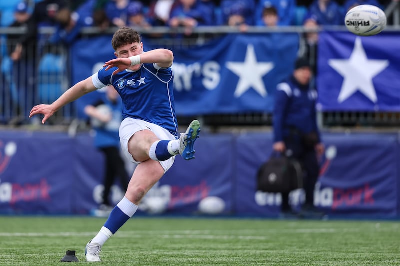 St Mary's Paul Neary kicks a conversion during the final replay against Blackrock College. Photograph: Ben Brady/Inpho