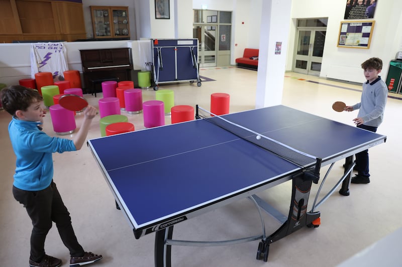 First-year student Henry Griffith plays table tennis with third-year Robert Lowe. Photograph: Enda O'Dowd 