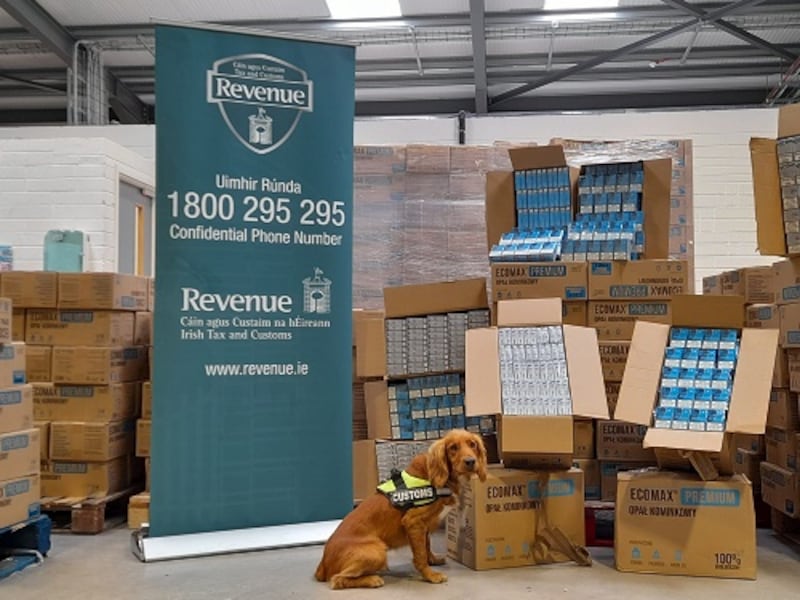 Revenue detector dog Rua poses with a haul of cigarettes sniffed out at the Port of Cork worth an estimated €4 million. Photograph: Revenue