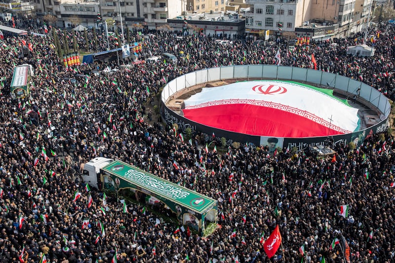 Trucks carry coffins during a funeral ceremony for high-ranking military officials killed by US-Israeli airstrikes in Tehran on Wednesday. Photograph: Arash Khamooshi/The New York Times
                      