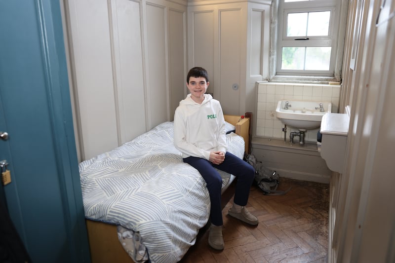 First-year student Jack Kiernan in his dormitory, known as 'Elements', at Clongowes Woods College.  Photograph: Enda O'Dowd