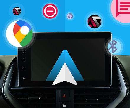 A car dashboard screen displaying the Android Auto logo, surrounded by floating icons for Google Maps, do not disturb, messages, and automation tools.
