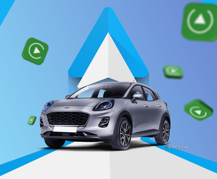 A car with the Android Auto logo above it and Apple CarPlay icons floating around it.