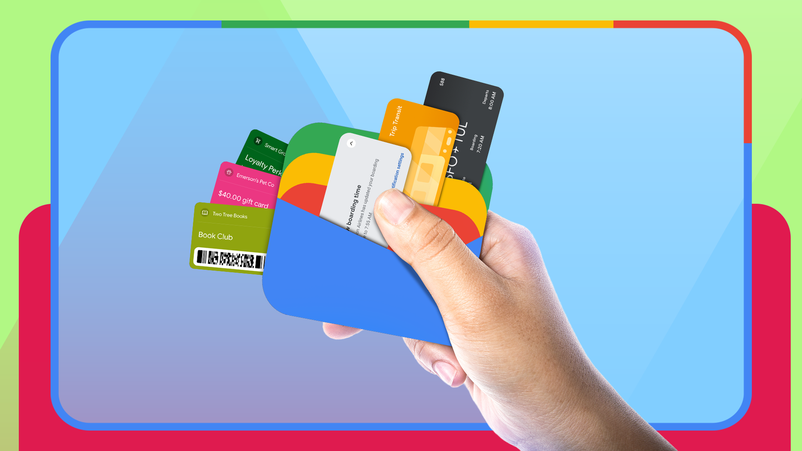 A hand holding the Google Wallet icon like a real wallet, with colorful digital cards for loyalty programs, travel passes, and payments.