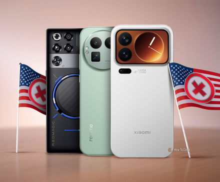 A RedMagic 11 Pro, Realme GT 8 Pro, and Xiaomi 17 Pro standing side by side, with small U.S. flags featuring red 'X' symbols next to them.