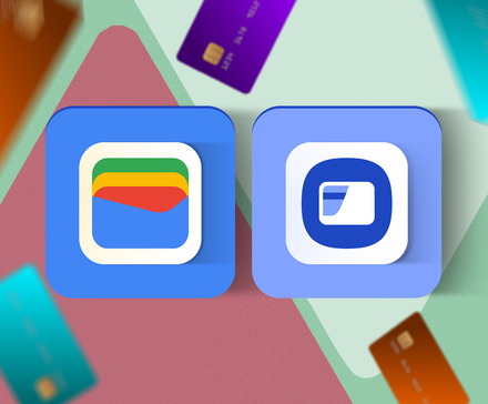 A surface with the Google Wallet logo next to the Samsung Wallet logo, surrounded by several credit cards.