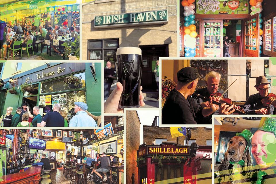 Clockwise from top left: Paddy’s Irish Pub in the Philippines; The Irish Haven in New York City; O’Reilly’s in Frankfurt; a traditional music session in The Drunken Poet in Melbourne; Vinny Cahill of Corcoran’s Irish Pub in Paris; The Auld Shillelagh in London; Paddy’s Irish Pub in Peru; the exterior of The Drunken Poet