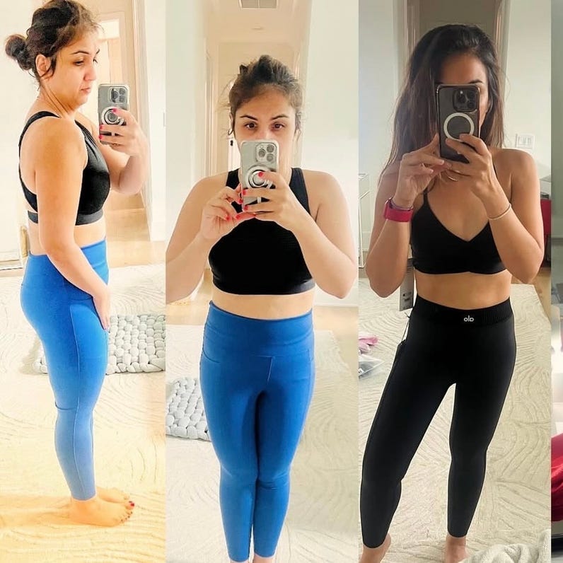 Four photos showing a person in different poses wearing various outfits. Four photos showing a person in different poses wearing various outfits.