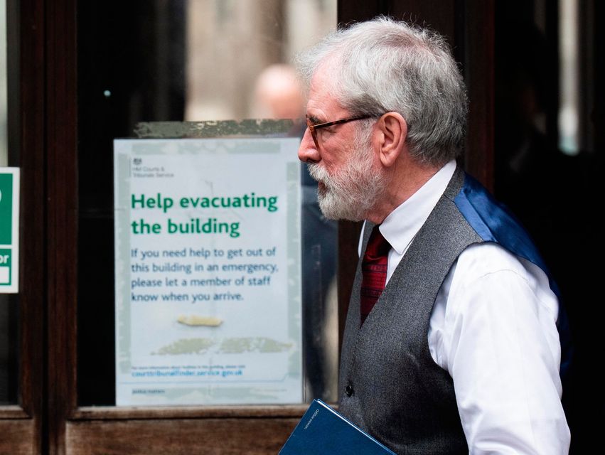 Former Sinn Fein president Gerry Adams arrives at the Royal Courts of Justice, in central London, where a civil claim is being brought against him for just £1 in damages by three men who were injured in Provisional IRA bombings on the UK mainland in the 1970s and 1990s. James Manning/PA Wire