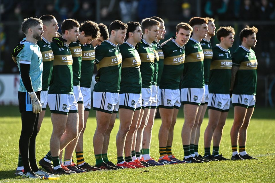 The Kerry team stand for the national anthem before their Allianz Football League Division 1 match against Donegal in Ballyshannon, Donegal in February. Photo: Sportsfile
