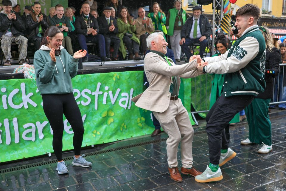  The famous Fleming duo Tadgh and Derry Fleming, who were the judges in the St Patrick's Festival Parade, in Killarney town on Tuesday, organised by Killarney Chamber of Tourism and Commerce. Photo by Valerie O'Sullivan. 