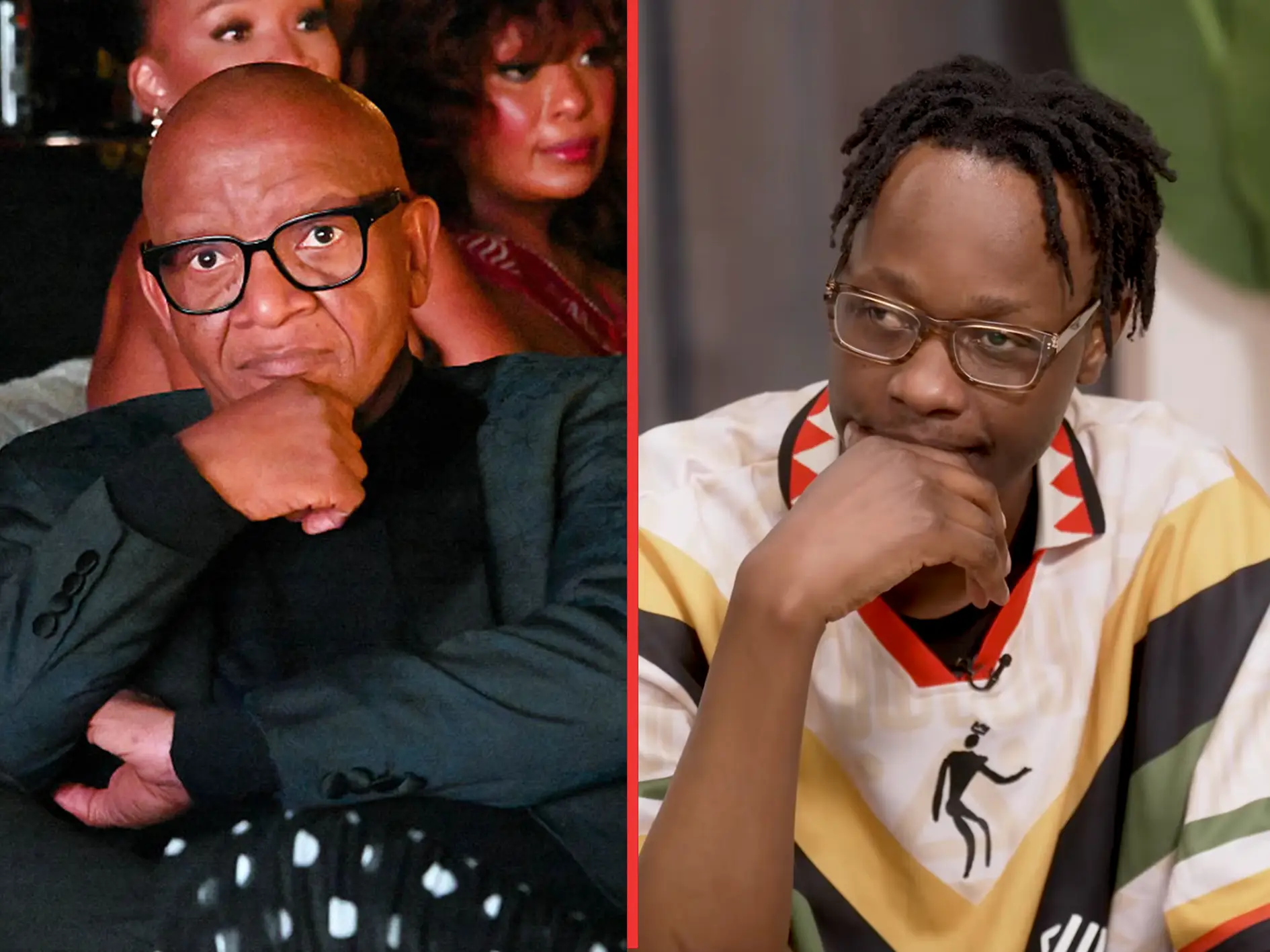 Lion King composer Lebohang Morakeis (left) is facing off with Learnmore Jonasi (Oupa Bopape/Gallo Images via Getty Images/One54 Africa)