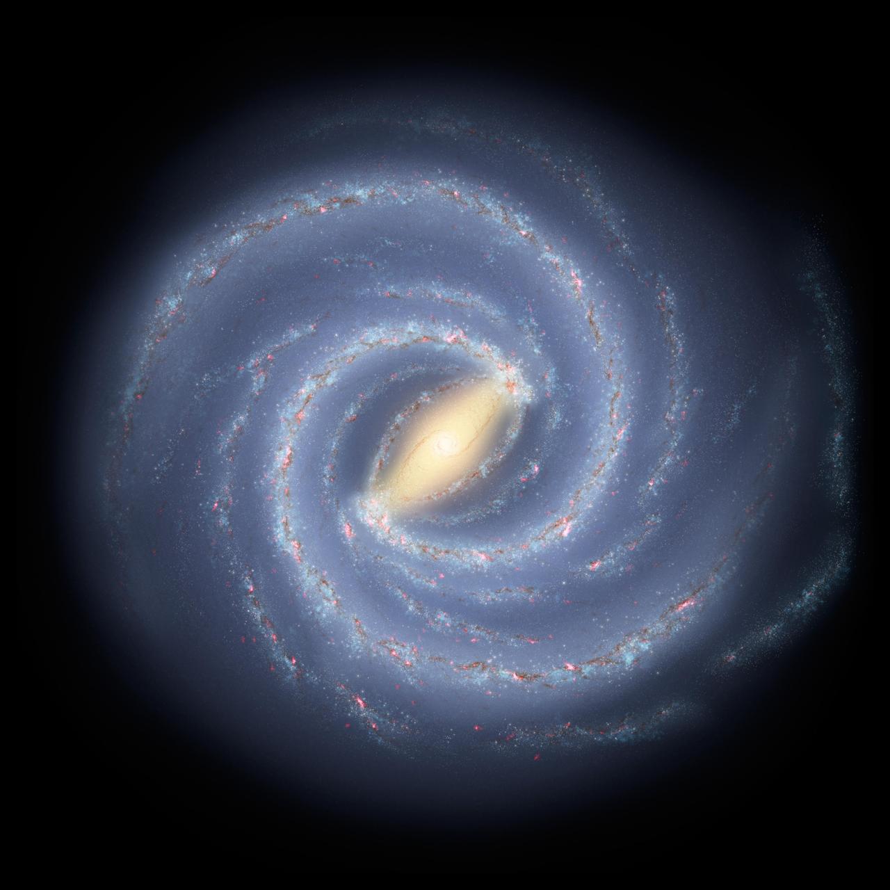 An image of a blue spiral galaxy with streams of red and white glowing gas in each of the arms, with a yellow straight bar in the center of the galaxy.