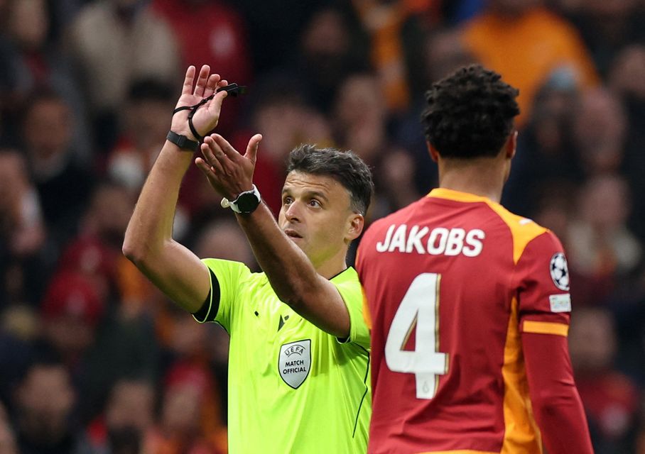 Referee Jesus Manzano during a VAR review for a disallowed Liverpool goal