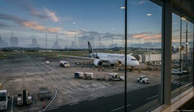 Air New Zealand Boeing 787 at Auckland Airport gate at sunset with ground crews preparing for a long-haul flight.