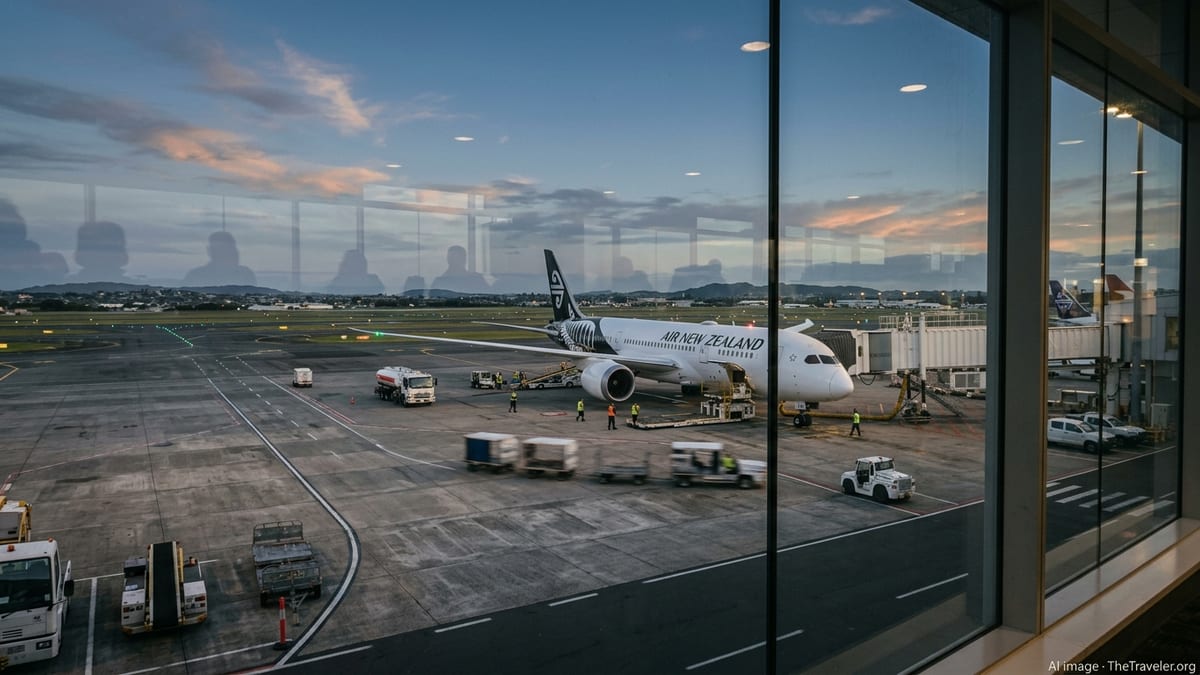 Air New Zealand Boeing 787 at Auckland Airport gate at sunset with ground crews preparing for a long-haul flight.