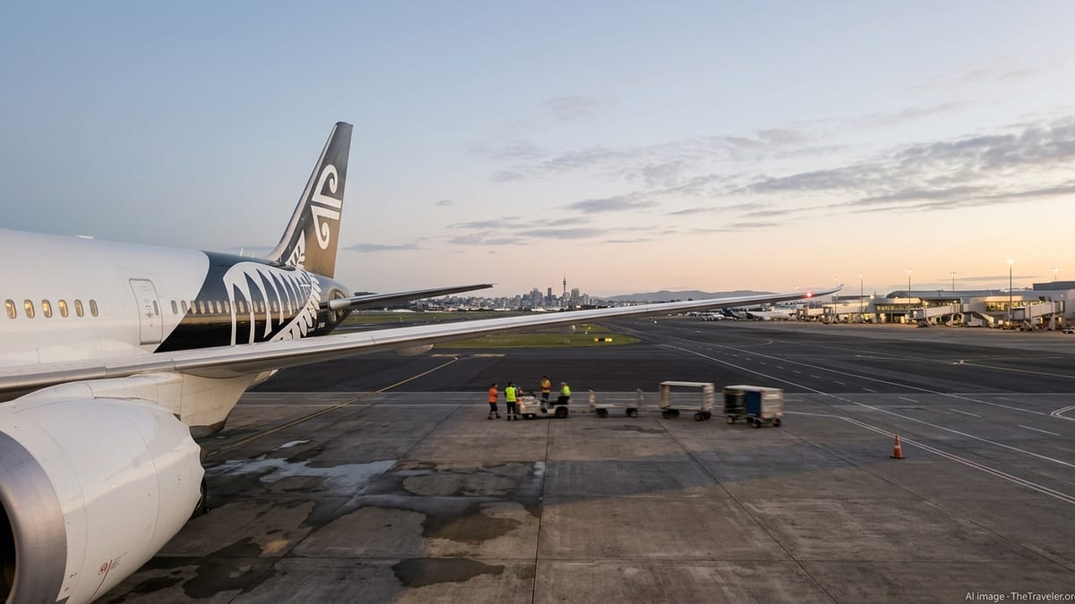 Air New Zealand widebody aircraft on the tarmac at Auckland Airport at dusk.