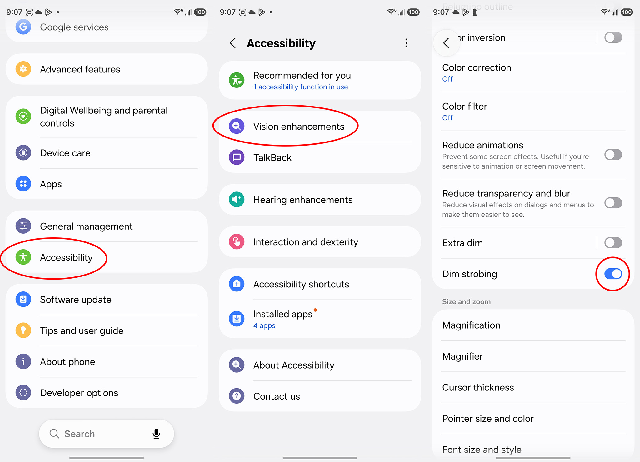 Enabling the "Dim strobing" accessibility feature on a Samsung Galaxy S26 Ultra