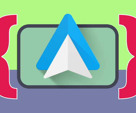 Android Auto logo displayed inside red curly braces.