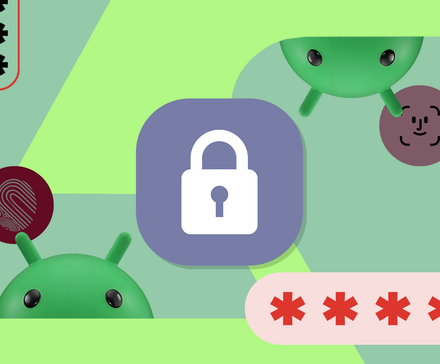 Android mascots peering around a central lock icon, accompanied by fingerprint, face unlock, and password entry graphics.