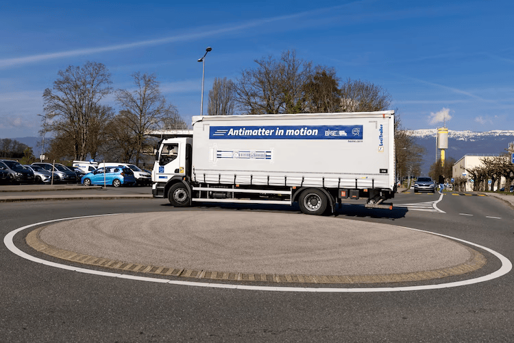 Truck carries the transportable antimatter trap during a road test at the European Organization for Nuclear Research (CERN), in Meyrin near Geneva, Switzerland