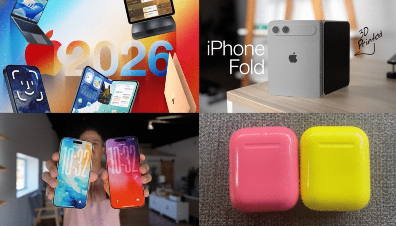 A collage of four images related to Apple products, including concepts for future devices and current accessories.