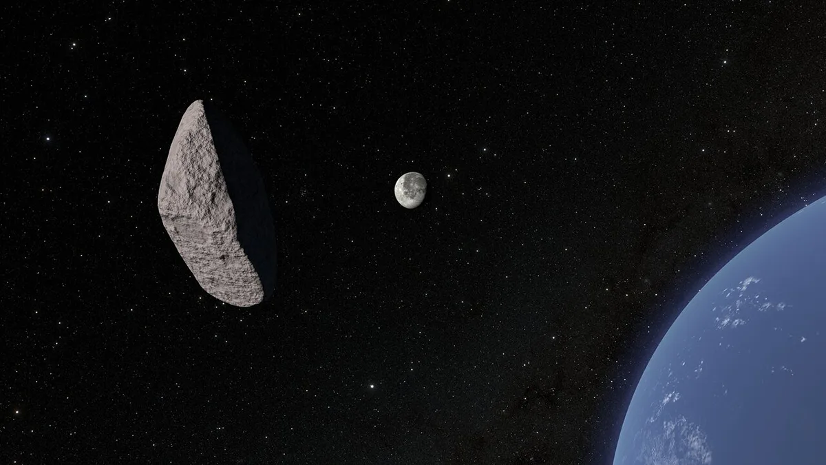 Artist's impression of asteroid 2024 YR4 near Earth's Moon. The asteroid's shape was defined using observations made by the Gemini South Telescope in Chile on 7 February 2025. Credit: NOIRLab/NSF/AURA/R. Proctor