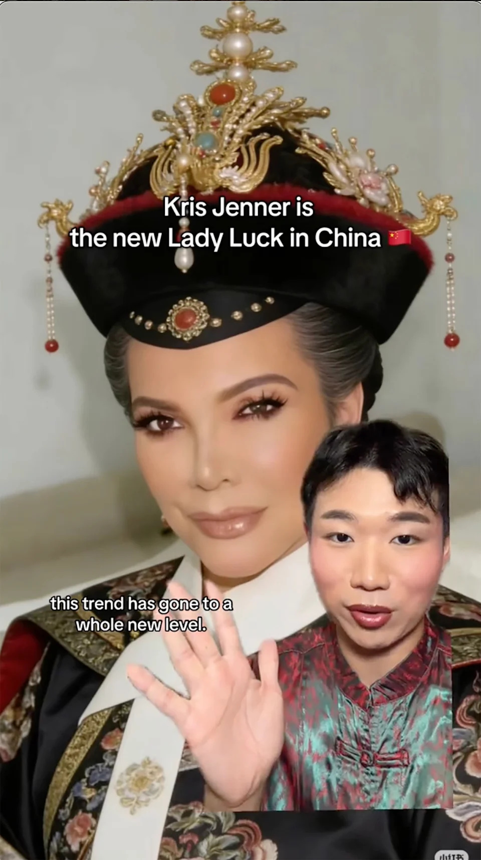 Social media users in China are posting photos of Kris Jenner (pictured here) as part of a trend to pray to her for success, good luck and wealth. marcelowang0527/tiktok