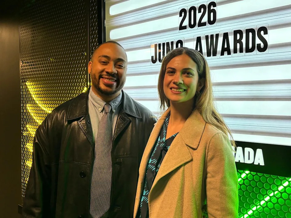 Rollie Pemberton, aka Cadence Weapon, left, and his partner, Sara Mojtehedzadeh, right.