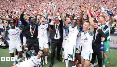 Sunderland celebrate in front of there fans after winning the Championship Play-Off Final match between Sheffield United FC and AFC Sunderland at Wembley Stadium on May 24, 2025.