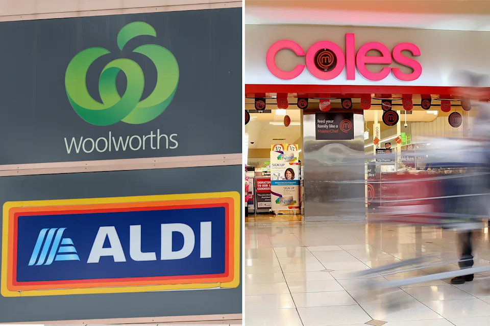 Woolworths and Aldi signs (left) and a Coles store front (right).