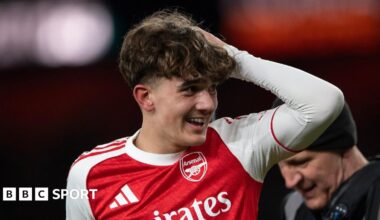 Max Dowman celebrates his goal for Arsenal against Everton