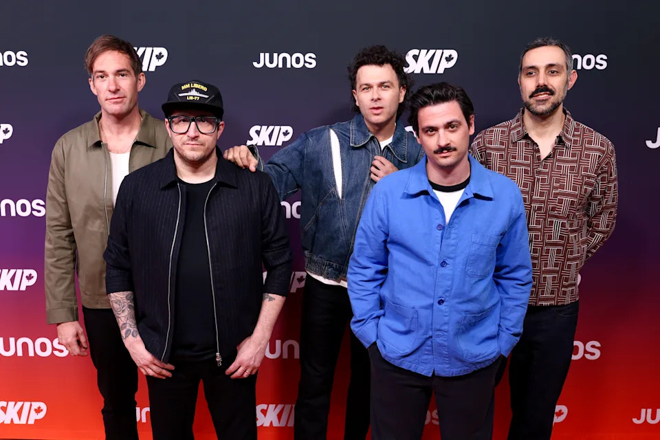 HAMILTON, ONTARIO - MARCH 29: (L-R) Tim Oxford, Anthony Carone, Max Kerman, Mike DeAngelis and Nick Dika of Arkells attend the 2026 JUNO Awards at TD Coliseum on March 29, 2026 in Hamilton, Ontario. (Photo by Cindy Ord/Getty Images)