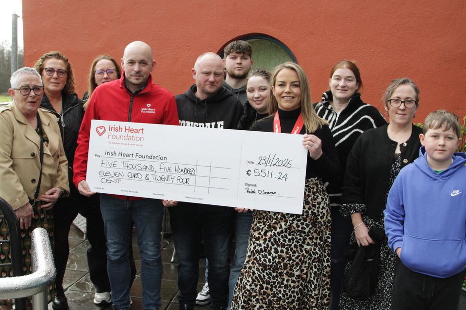 Rachel O Gorman presenting a cheque to the Irish Heart Foundation at the Riverside Park Hotel. Theresa Corbett, Myra Kelly, Anita Moore, Jamie Conway, Cody and Abbie Denton ,Rachel O Gorman,Lorraine Kelly, Aisling Corbett and Ruairi Furlong.