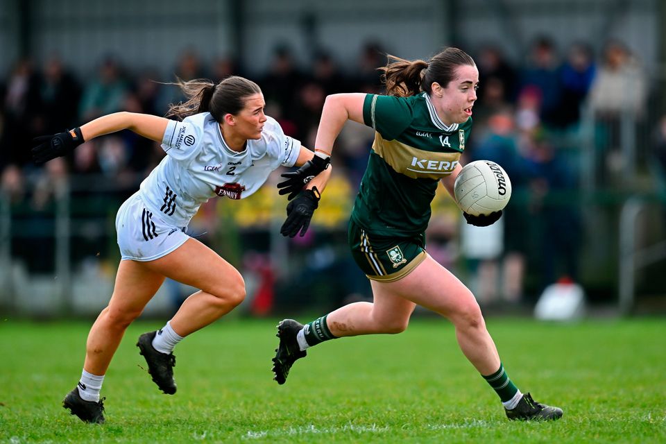 Danielle O'Leary of Kerry gets away from Aine Mernagh of Kildare during the Lidl Ladies NFL match at Hawkfield. Photo: Piaras Ó Mídheach/Sportsfile