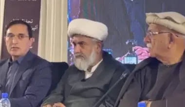 pti chairman barrister gohar khan speaks at the national conference of tehreek tahaffuz e aain pakistan flanked by alliance chief mahmood khan achakzai and his deputy allama raja nasir abbas at the khyber pakhtunkhwa house in islamabad screengrab