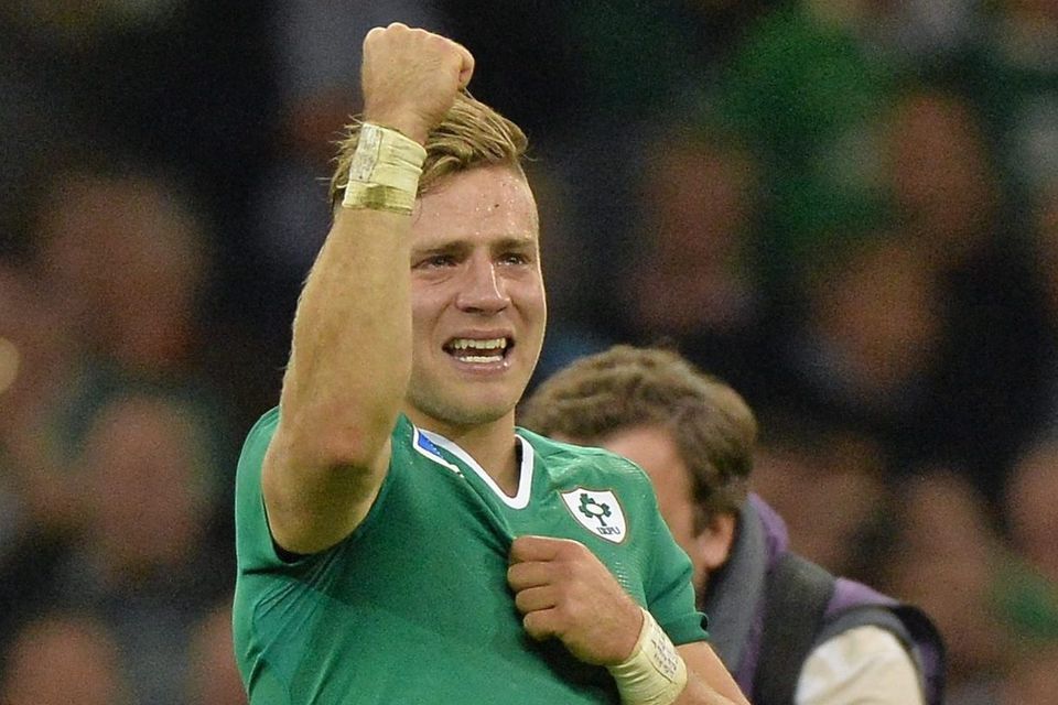 Ian Madigan has an emotional reaction after 2015 Rugby World Cup game against France. Photo: Matt Browne/Sportsfile