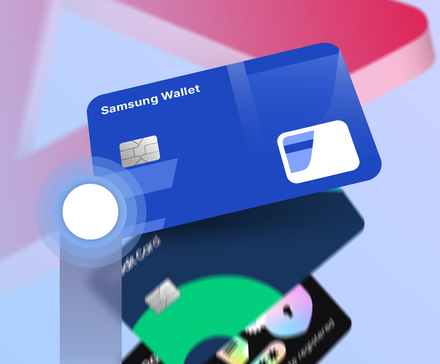 Blue Samsung Wallet card at the top of a digital stack, with a touch indicator representing the swipe-up gesture.
