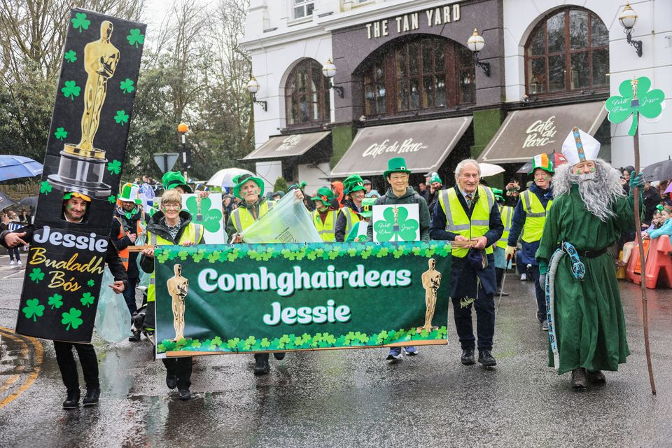 Killarney Tidy Town's shout out to St Patrick and Jessie Buckley in the St. Patrick's Festival Parade, in Killarney town on Tuesday, organised by Killarney Chamber of Tourism and Commerce. The parade featured over 60 community groups from the surrounding area. Photo by Valerie O'Sullivan.