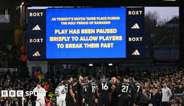 A message on the big screen informing supporters inside Elland Road what the stoppage was for