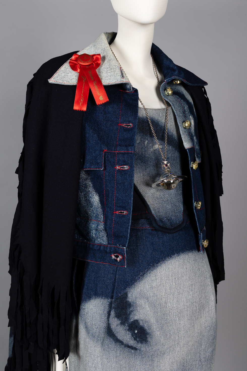 marlene dietrich print denim jacket with matching stature of liberty corset, skirt and shawl.png