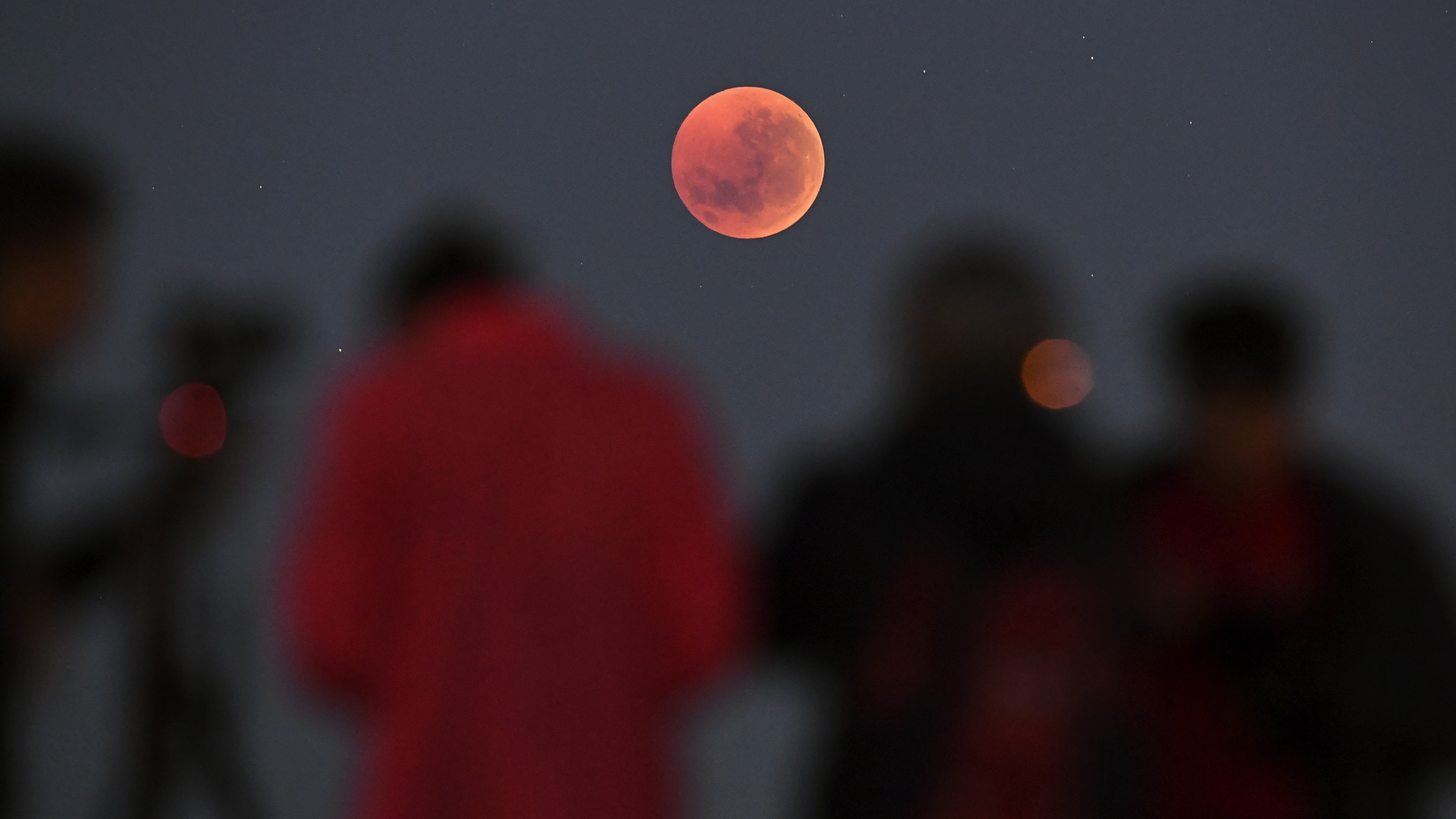 people stand and look at a total lunar eclipse blood moon high in the sky.