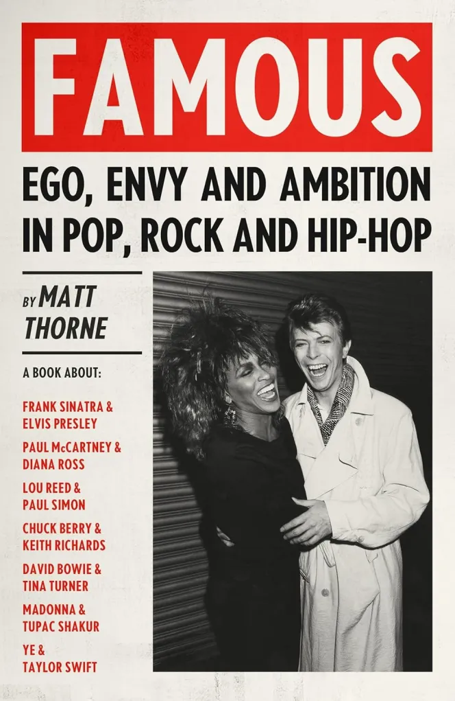 Book cover for "Famous: Ego, Envy and Ambition in Pop, Rock and Hip-Hop" by Matt Thorne, featuring a black and white photo of Tina Turner and David Bowie laughing.