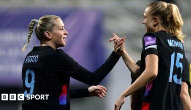 Alessia Russo celebrates scoring for England