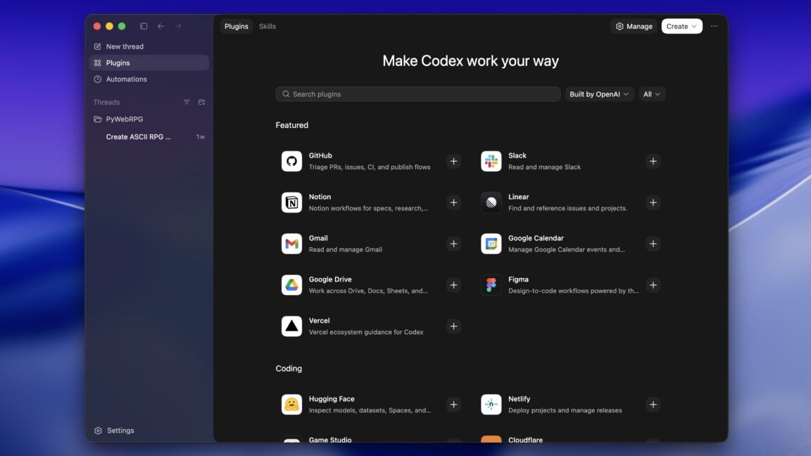 A list of plugins within a Mac desktop app