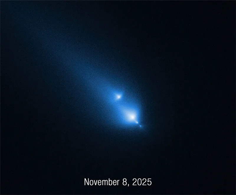 Observations of comet C/2025 K1 (ATLAS) breaking up, as seen by the Hubble Space Telescope in November 2025. Image: NASA, ESA, Dennis Bodewits (AU); Image Processing: Joseph DePasquale (STScI)
