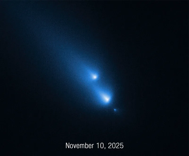 Observations of comet C/2025 K1 (ATLAS) breaking up, as seen by the Hubble Space Telescope in November 2025. Image: NASA, ESA, Dennis Bodewits (AU); Image Processing: Joseph DePasquale (STScI)